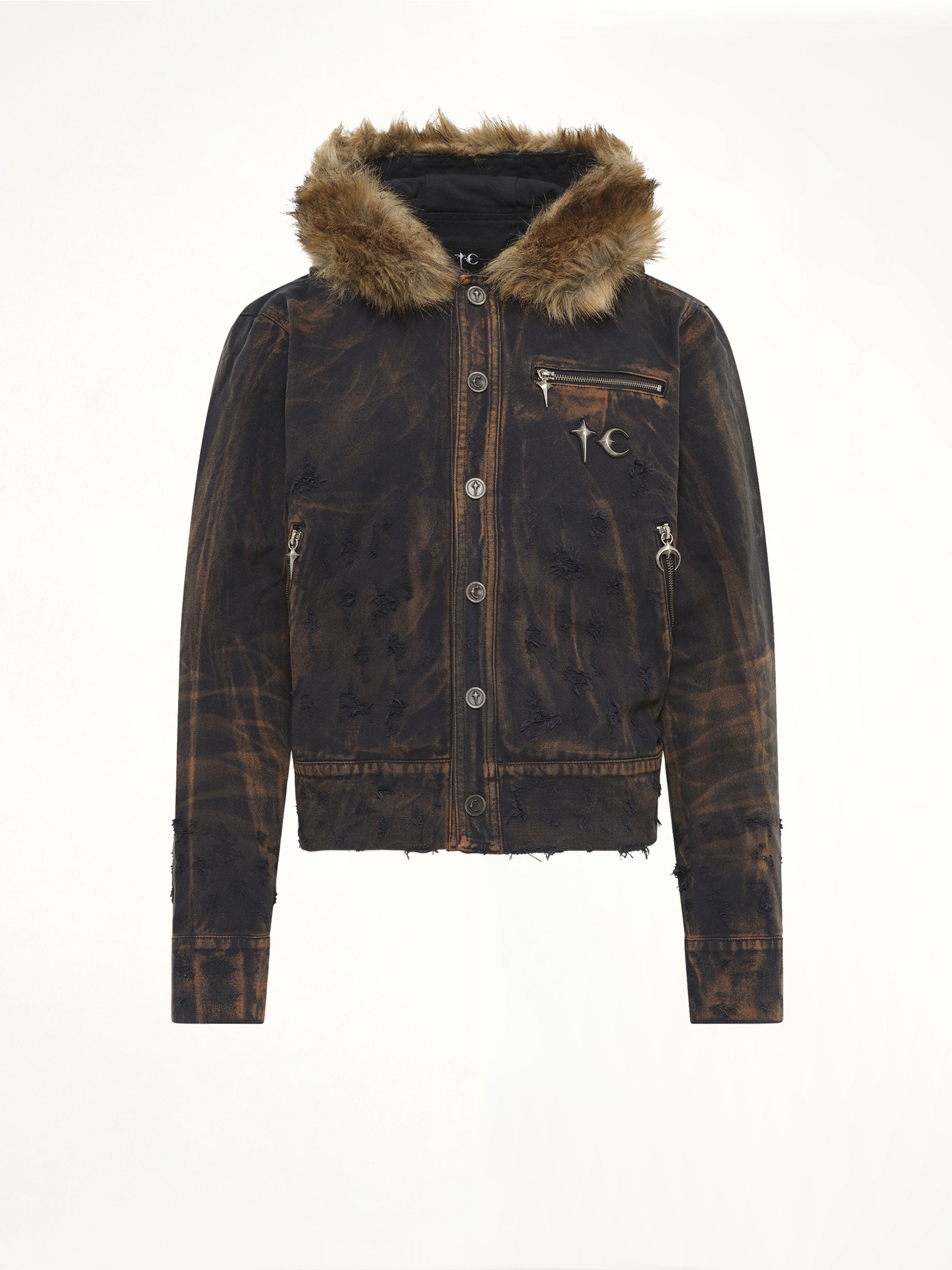 TC Two Tone Washed Fur Hooded Jacket in Rust Black