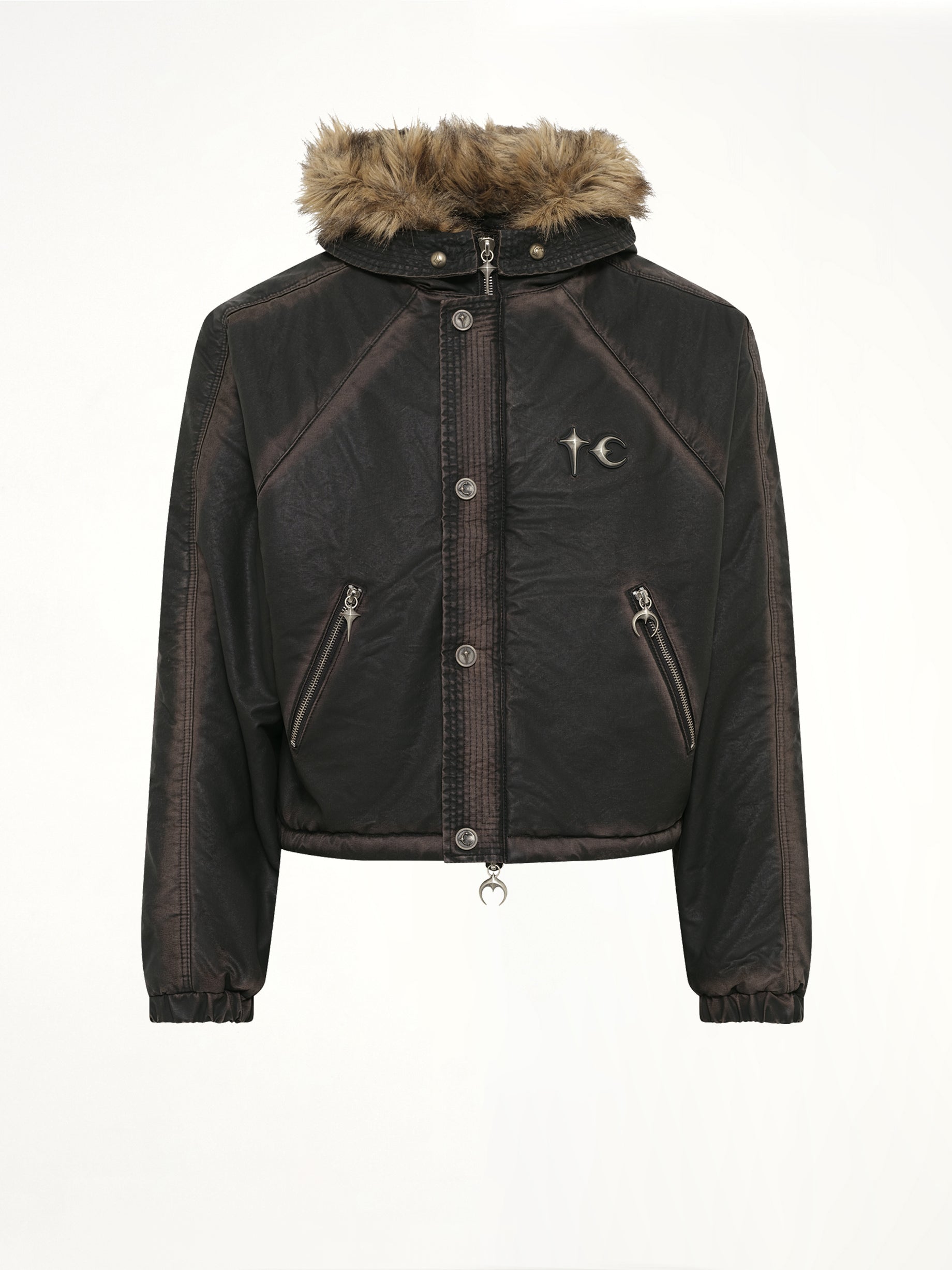 Three Riding Skull Fur Hooded Jacket in Black