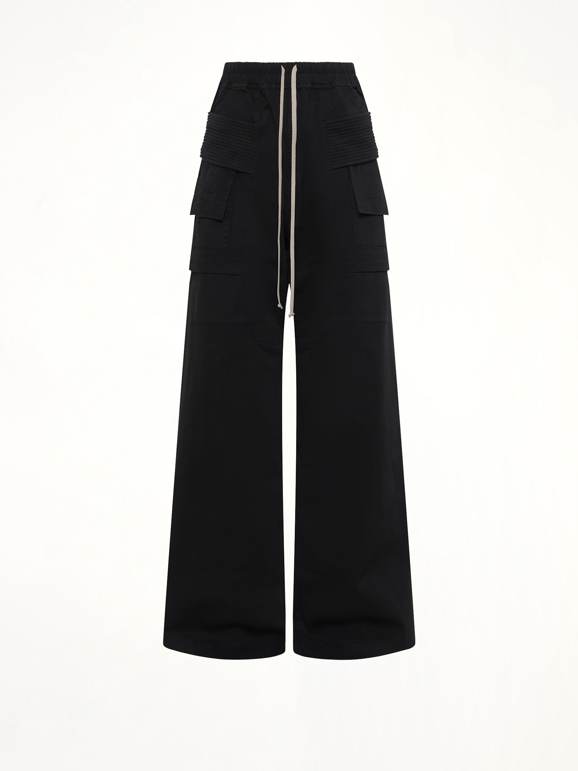 Cotton Twill Creatch Wide Cargo Drawstring Pants in Black