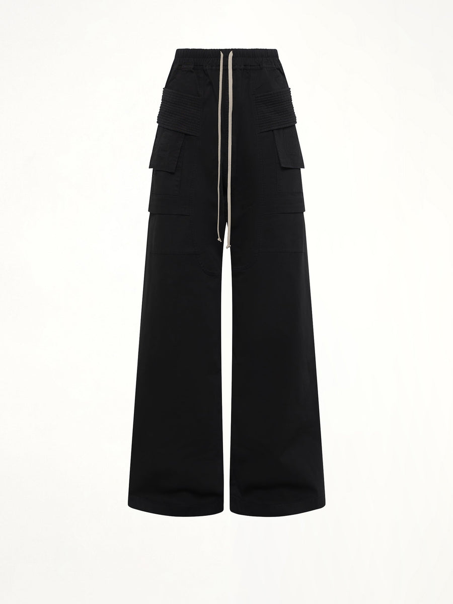 Cotton Twill Creatch Wide Cargo Drawstring Pants in Black