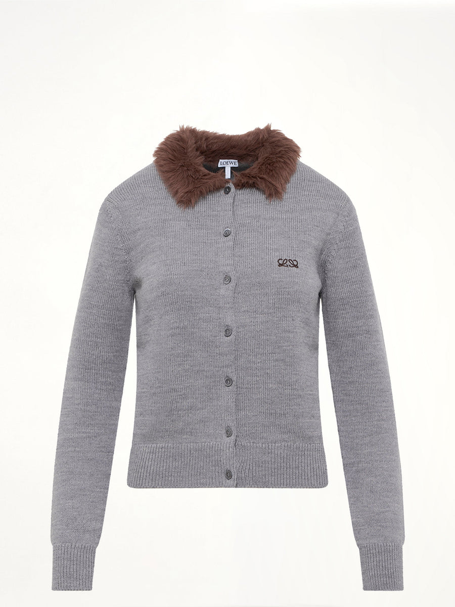 Fur Collar Cardigan in Grey