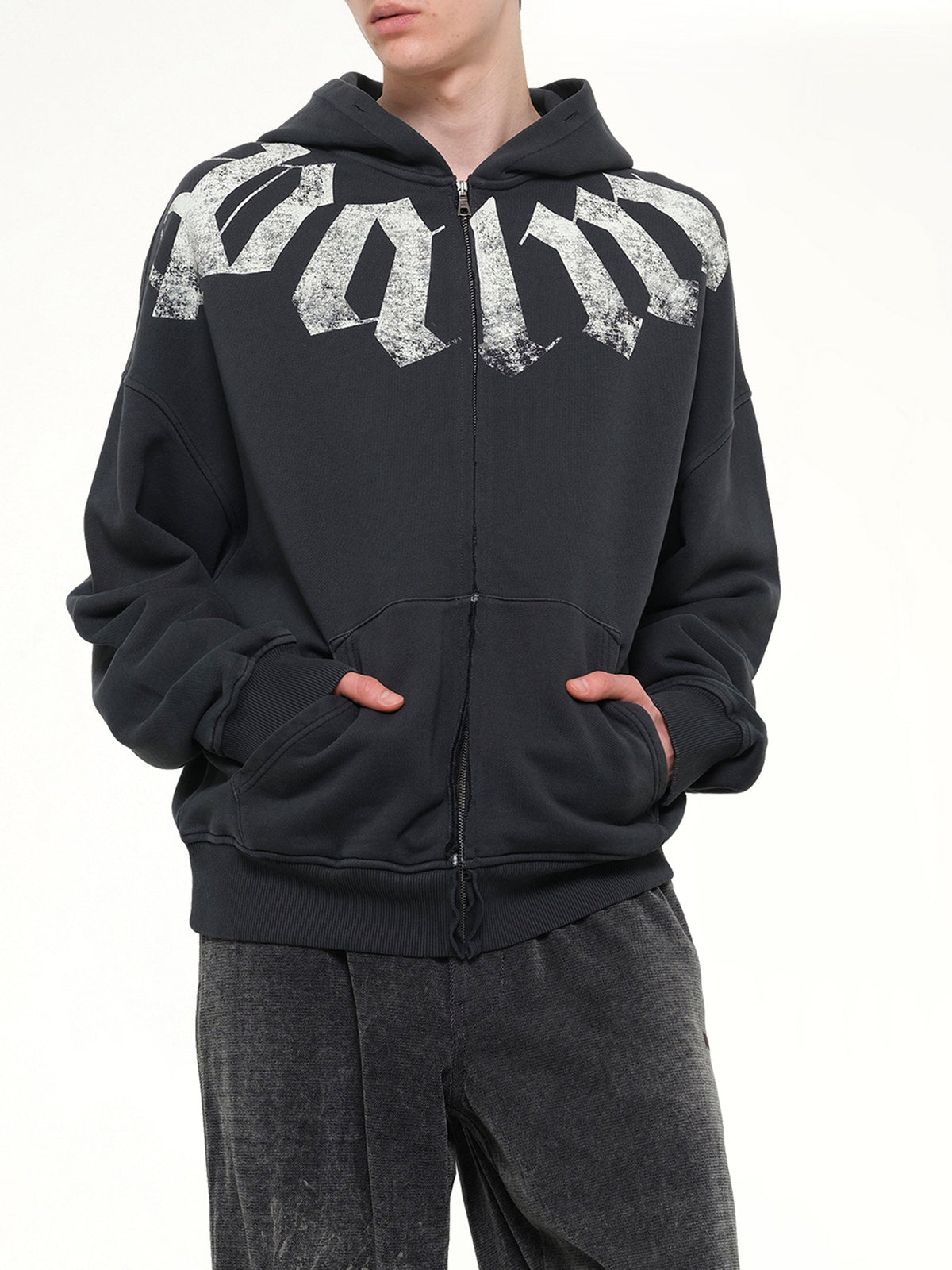 Big Neck Logo Zip Loose Hoodie in Black/Off White