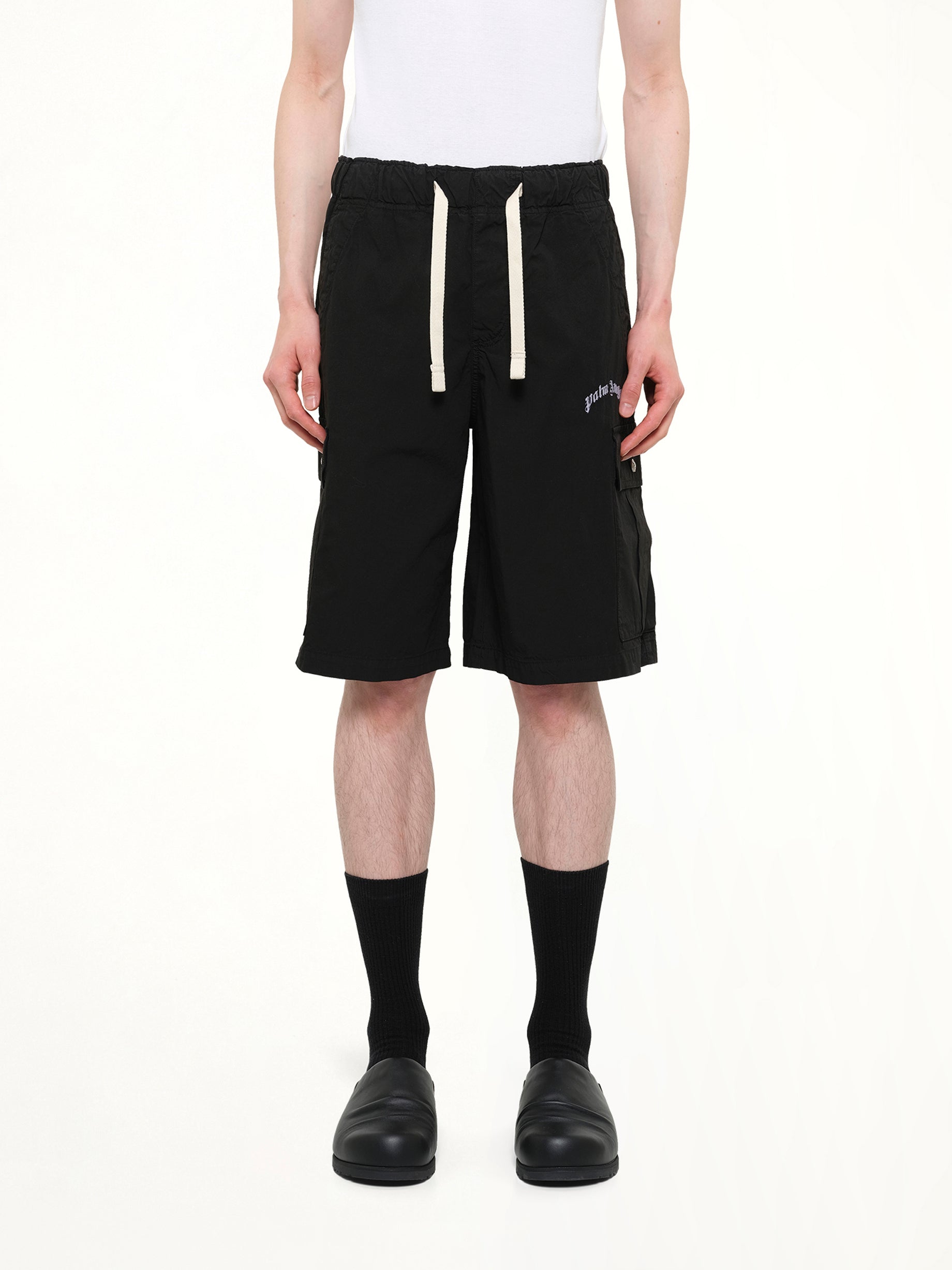 Curved Logo Loose Cargo Short in Black/Off White