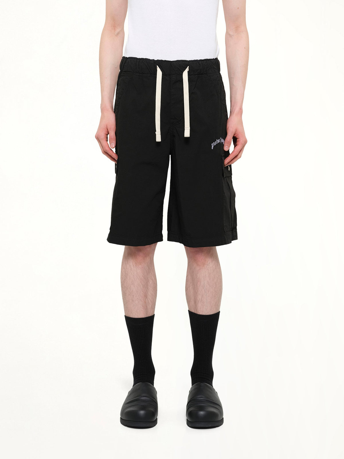 Curved Logo Loose Cargo Short in Black/Off White