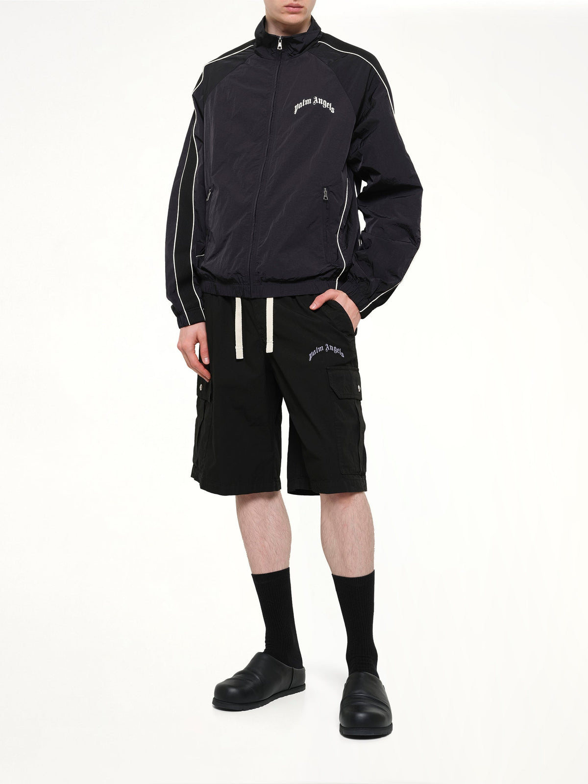 Curved Logo Loose Cargo Short in Black/Off White
