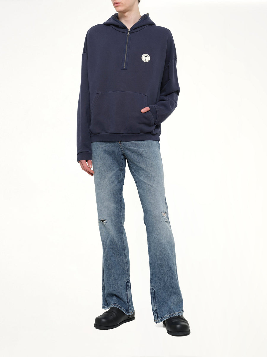 Palm Deco Loose Hoodie in Navy Blue/Off White