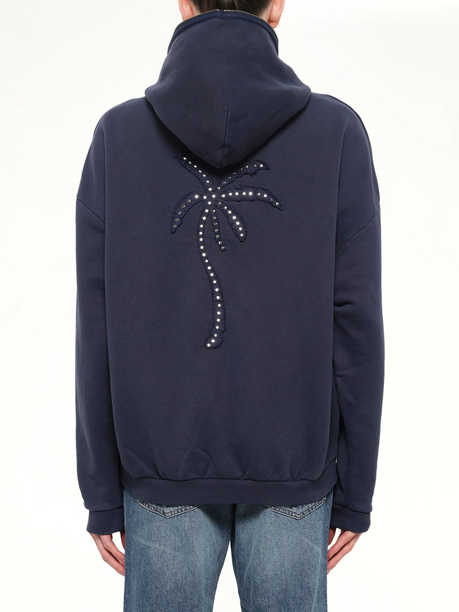 Palm Deco Loose Hoodie in Navy Blue/Off White