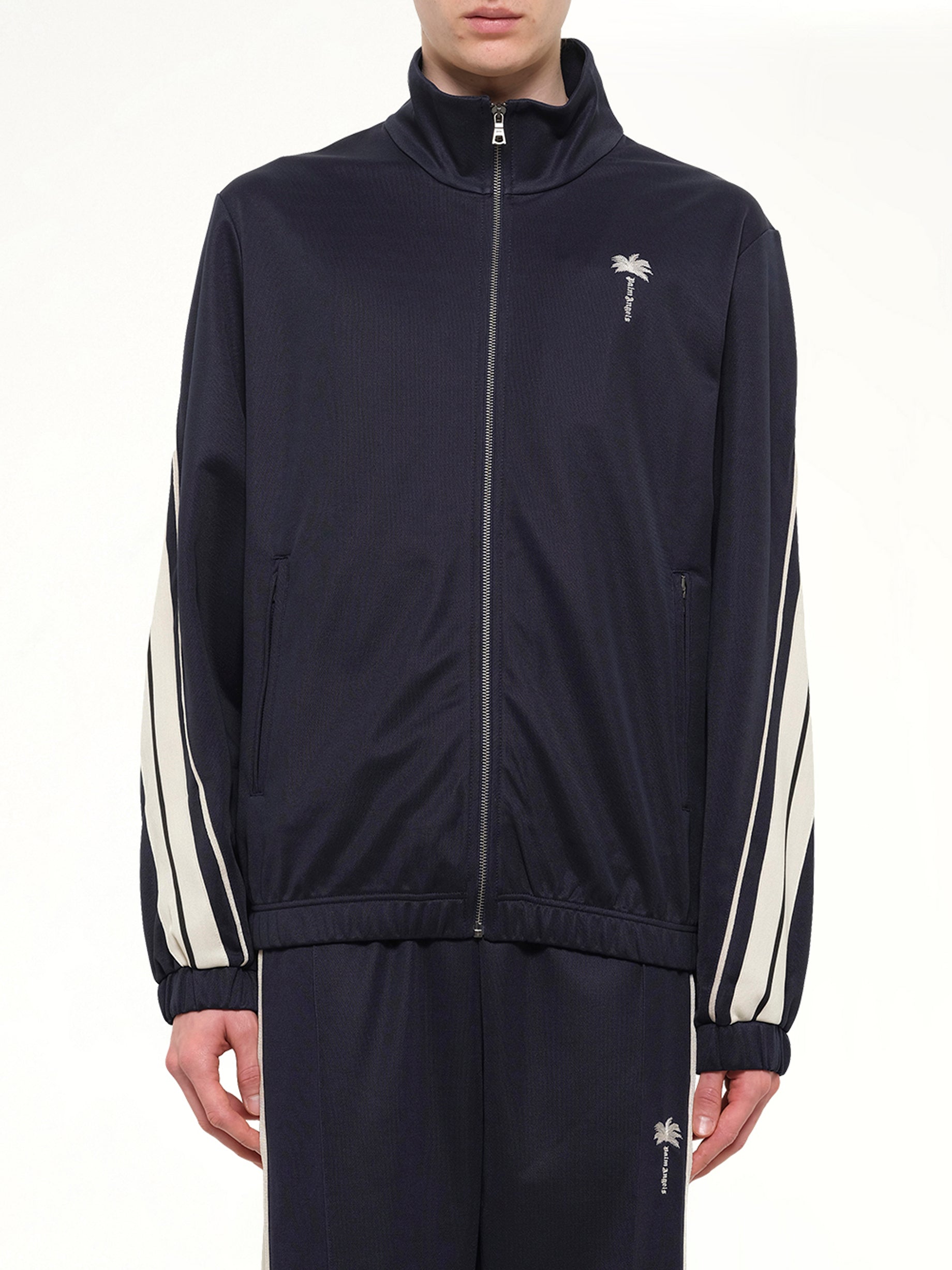 Palm Tree Striped Track Jacket in Navy Blue/Off White
