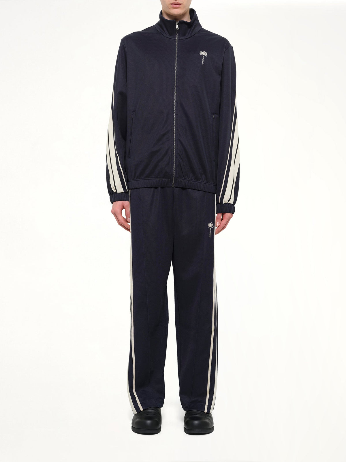 Palm Tree Striped Track Jacket in Navy Blue/Off White
