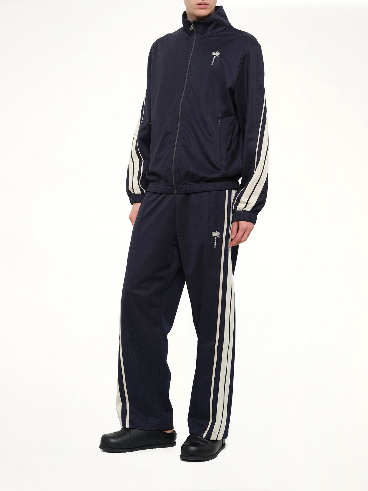 Palm Tree Striped Track Jacket in Navy Blue/Off White