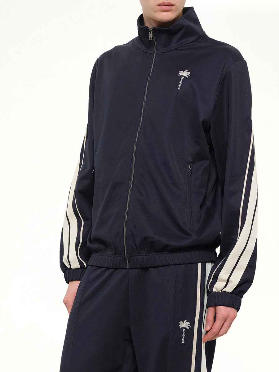 Palm Tree Striped Track Jacket in Navy Blue/Off White