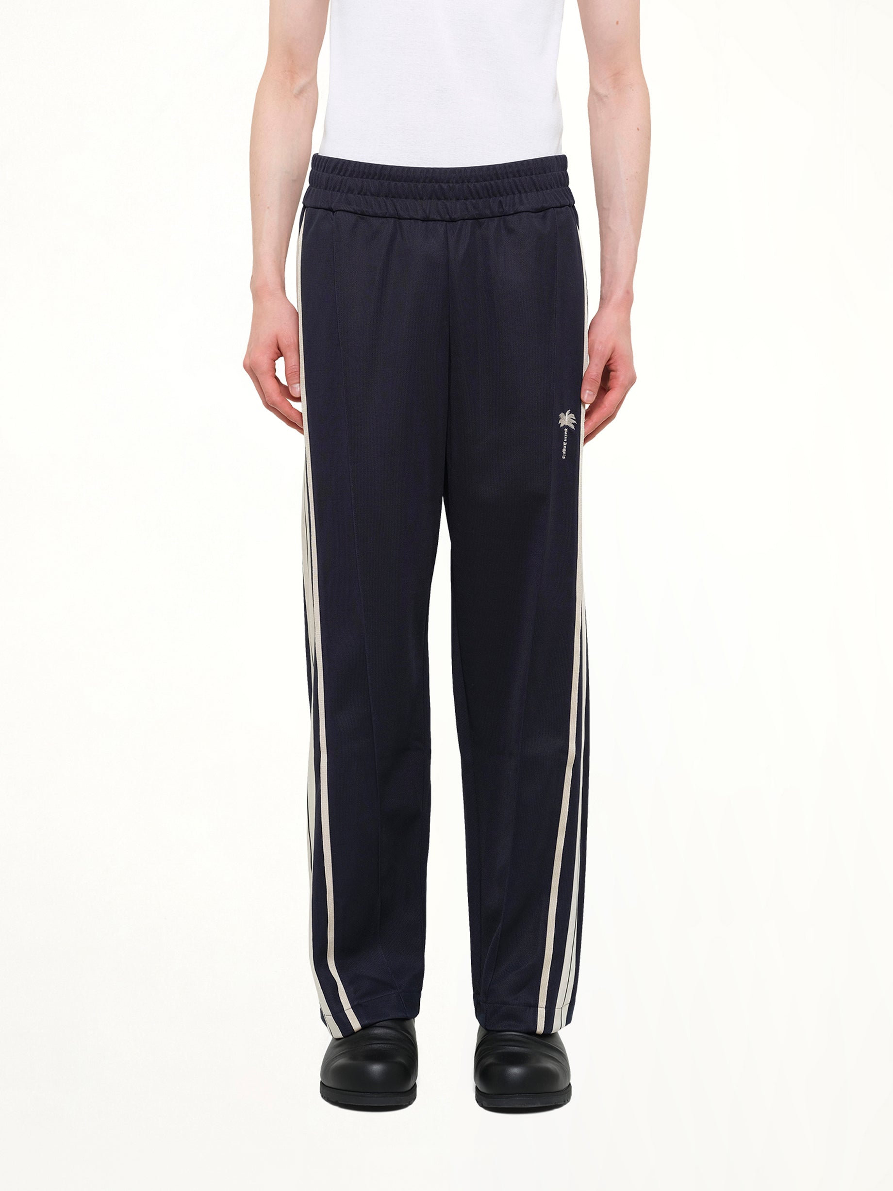 Palm Tree Striped Track Pants in Navy Blue/Off White