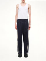 Palm Tree Striped Track Pants in Navy Blue/Off White