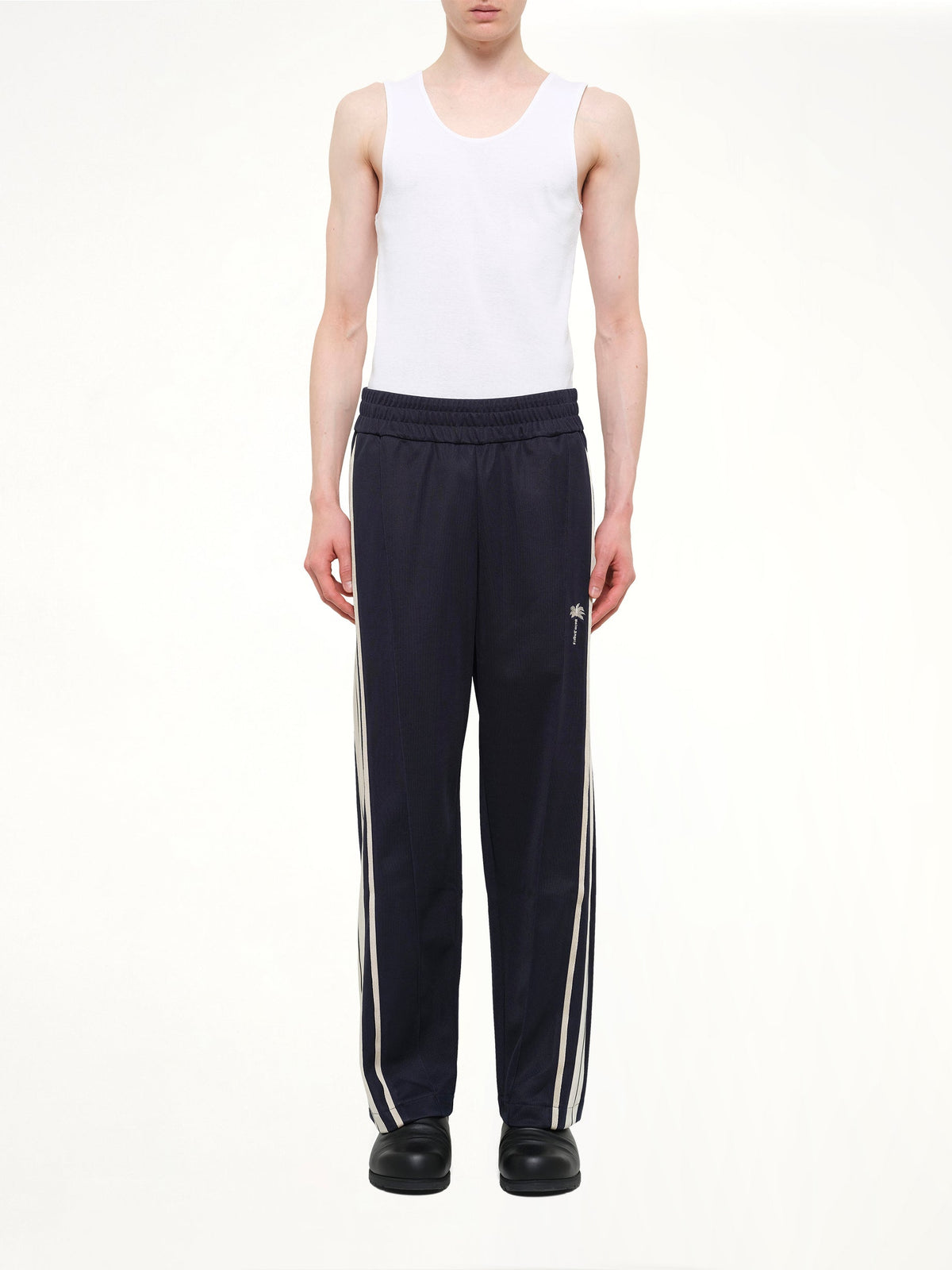 Palm Tree Striped Track Pants in Navy Blue/Off White