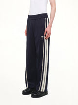 Palm Tree Striped Track Pants in Navy Blue/Off White