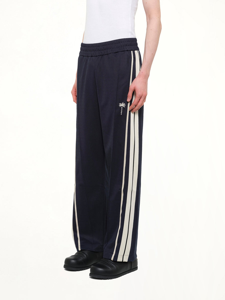 Palm Tree Striped Track Pants in Navy Blue/Off White