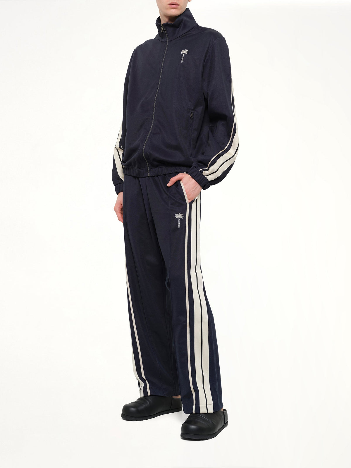 Palm Tree Striped Track Pants in Navy Blue/Off White