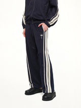 Palm Tree Striped Track Pants in Navy Blue/Off White