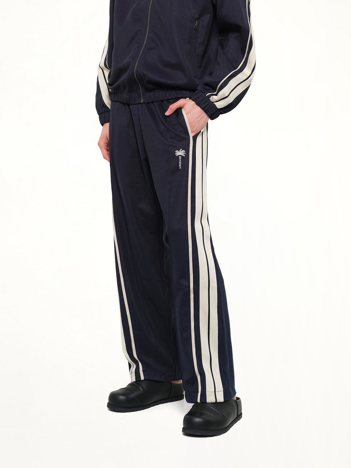Palm Tree Striped Track Pants in Navy Blue/Off White