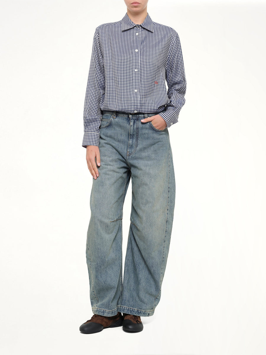 Silk Gingham Check Shirt in Blue/White