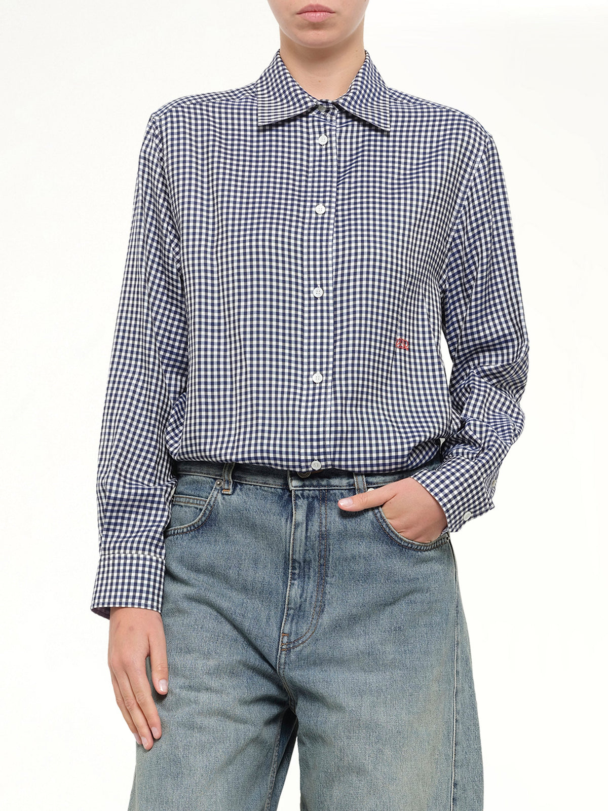 Silk Gingham Check Shirt in Blue/White