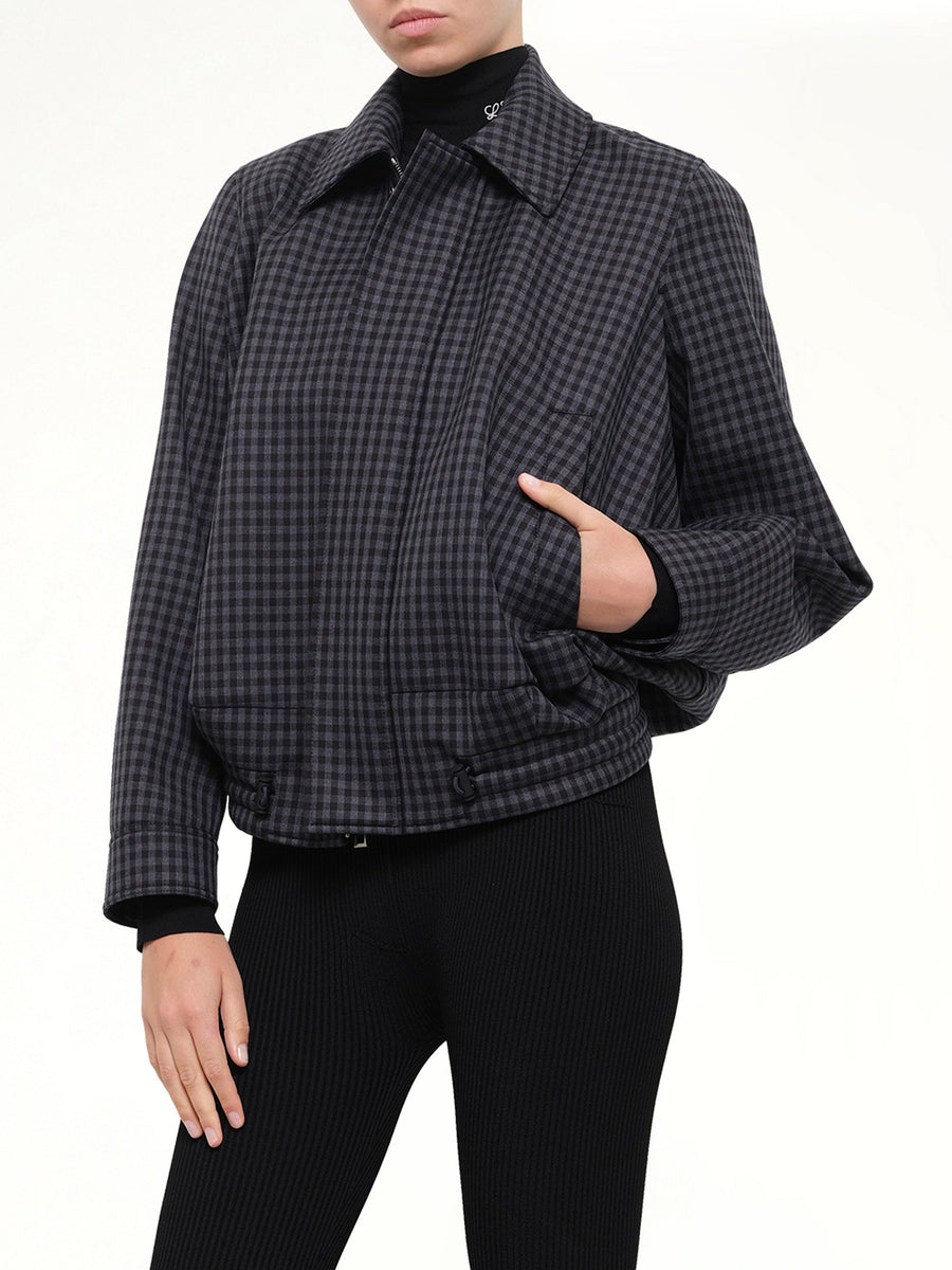 Wool Check Drawstring Jacket in Blue/Black