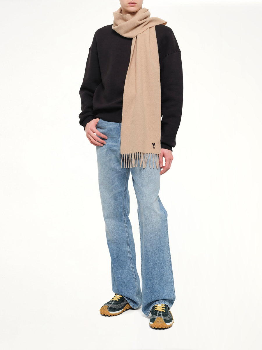 Wool Scarf with Ami De Coeur Embroidery in Light Brown