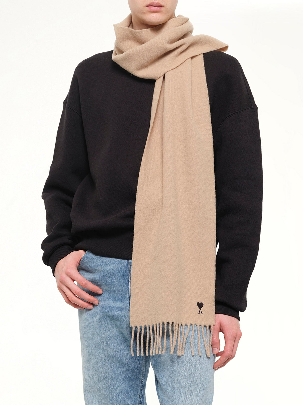Wool Scarf with Ami De Coeur Embroidery in Light Brown