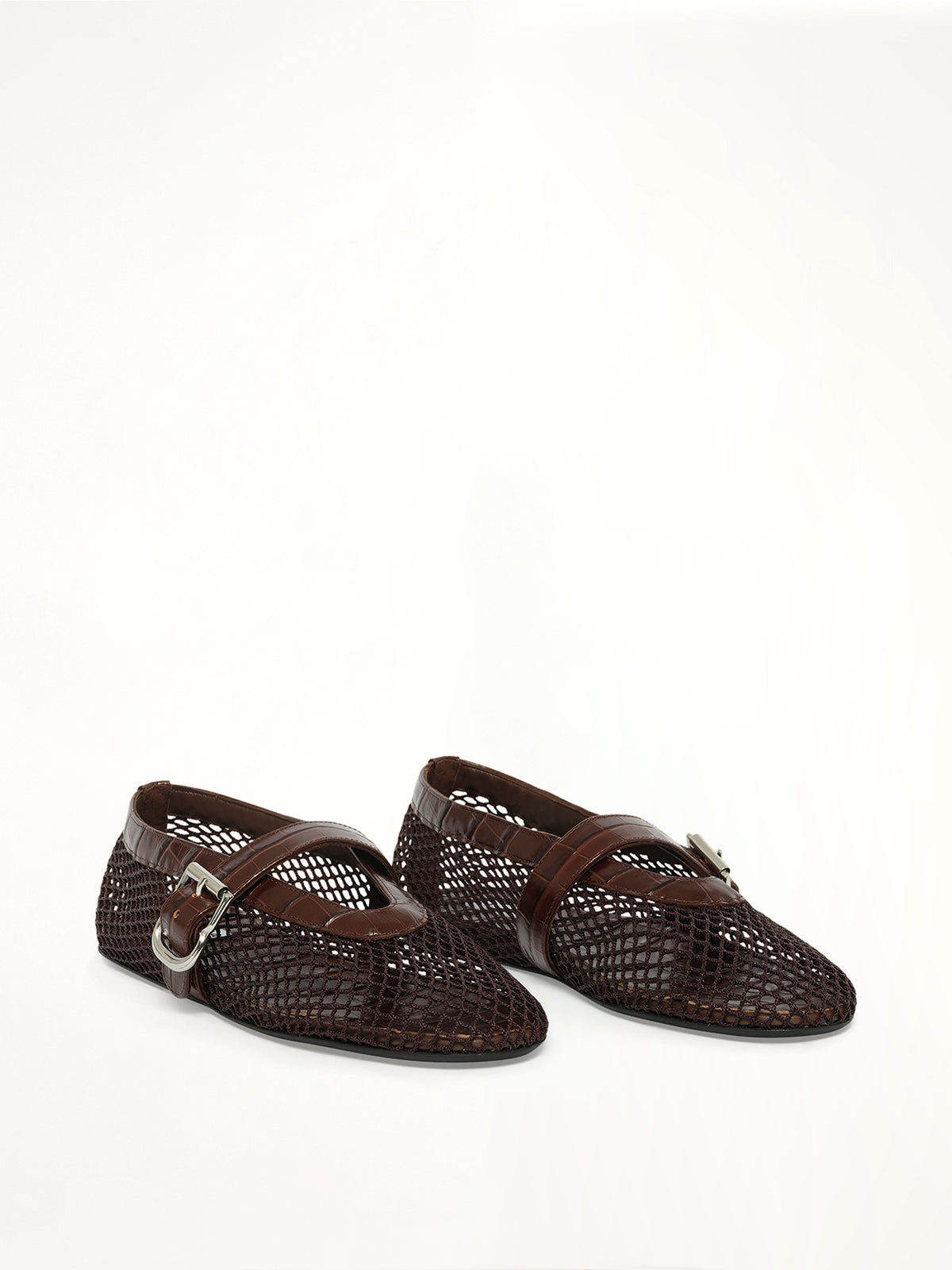 Ballet Fishnet & Croc Flats in Marron Fonce