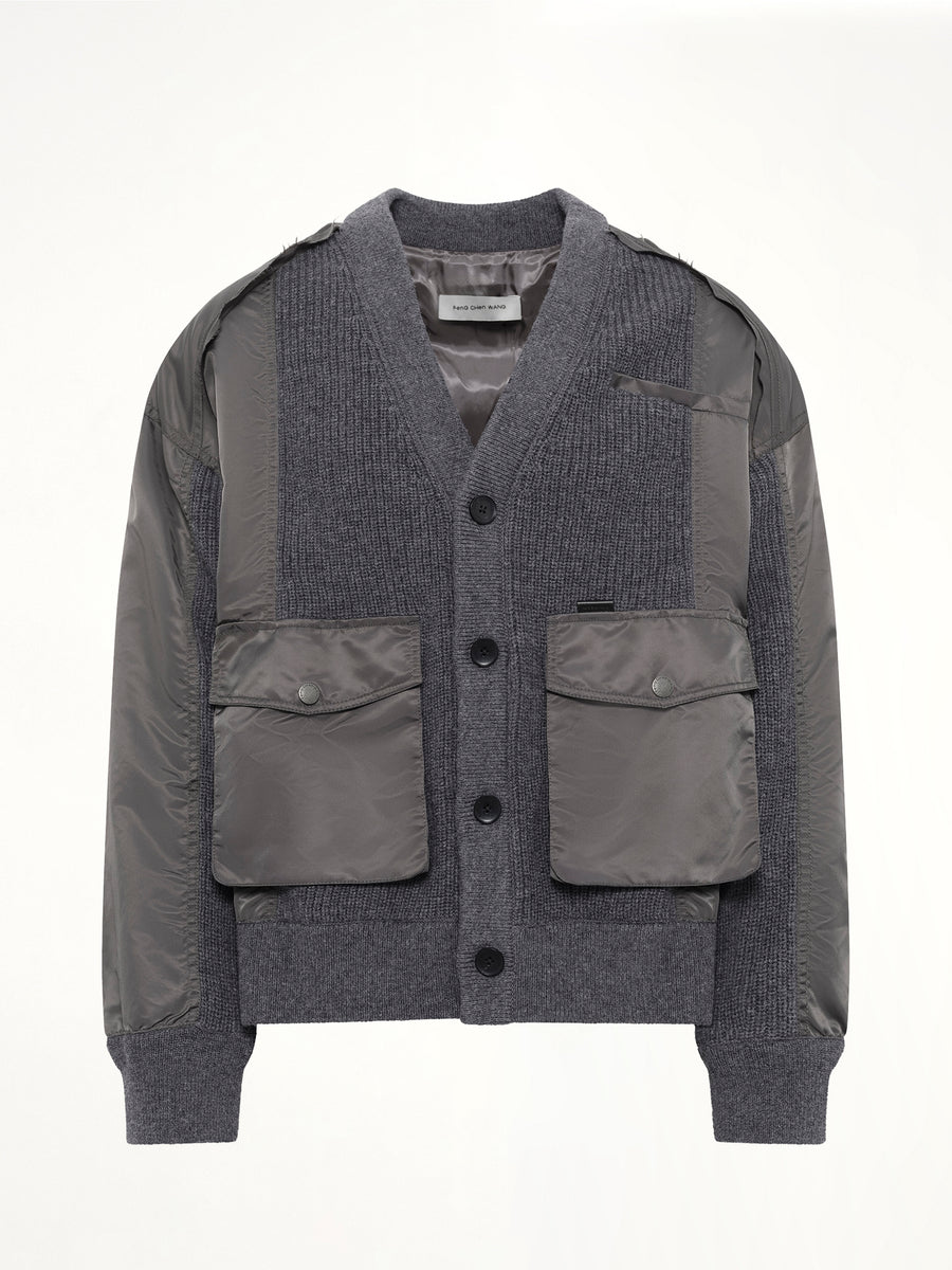 Patchwork Nylon Utility Cardigan in Dark Grey