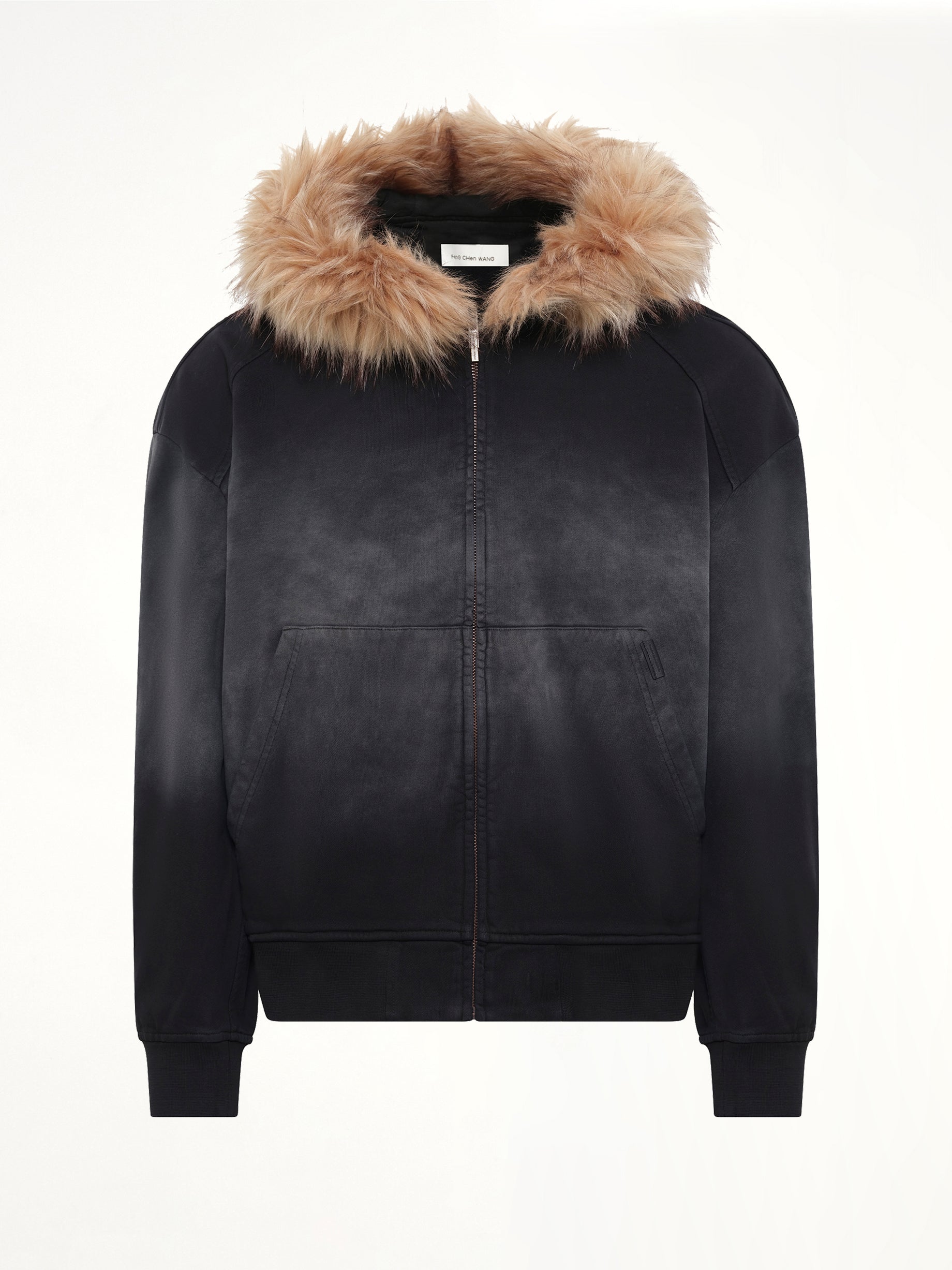 Washed Faux Fur-Trim Zip-up Hoodie in Grey