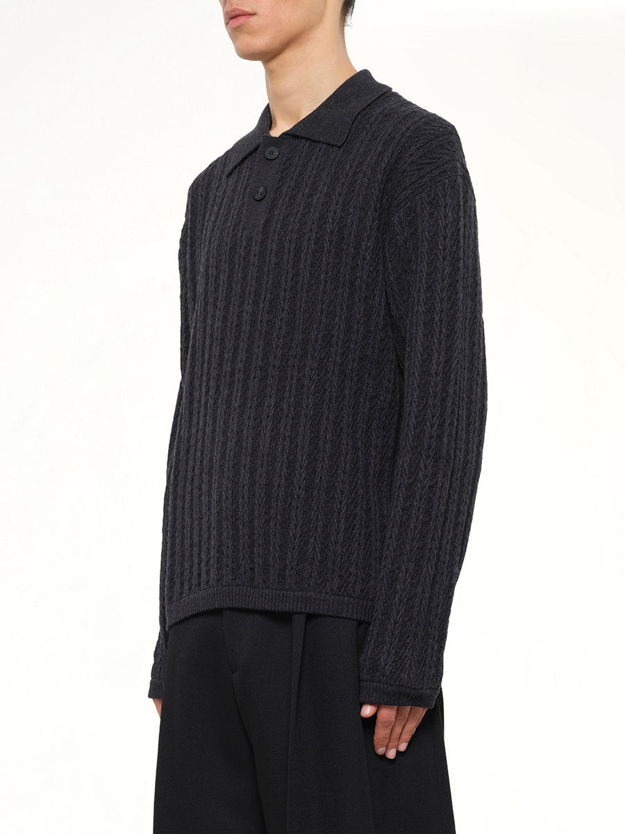 Cable Knit Polo Sweater in Grey