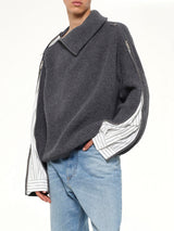 Deconstructed Shirt Fabric Sweater with Patchwork in Grey