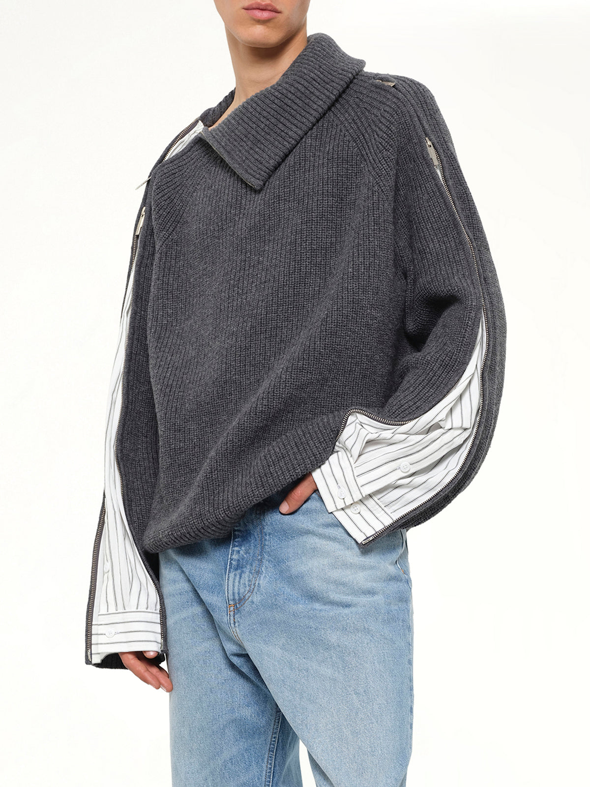 Deconstructed Shirt Fabric Sweater with Patchwork in Grey