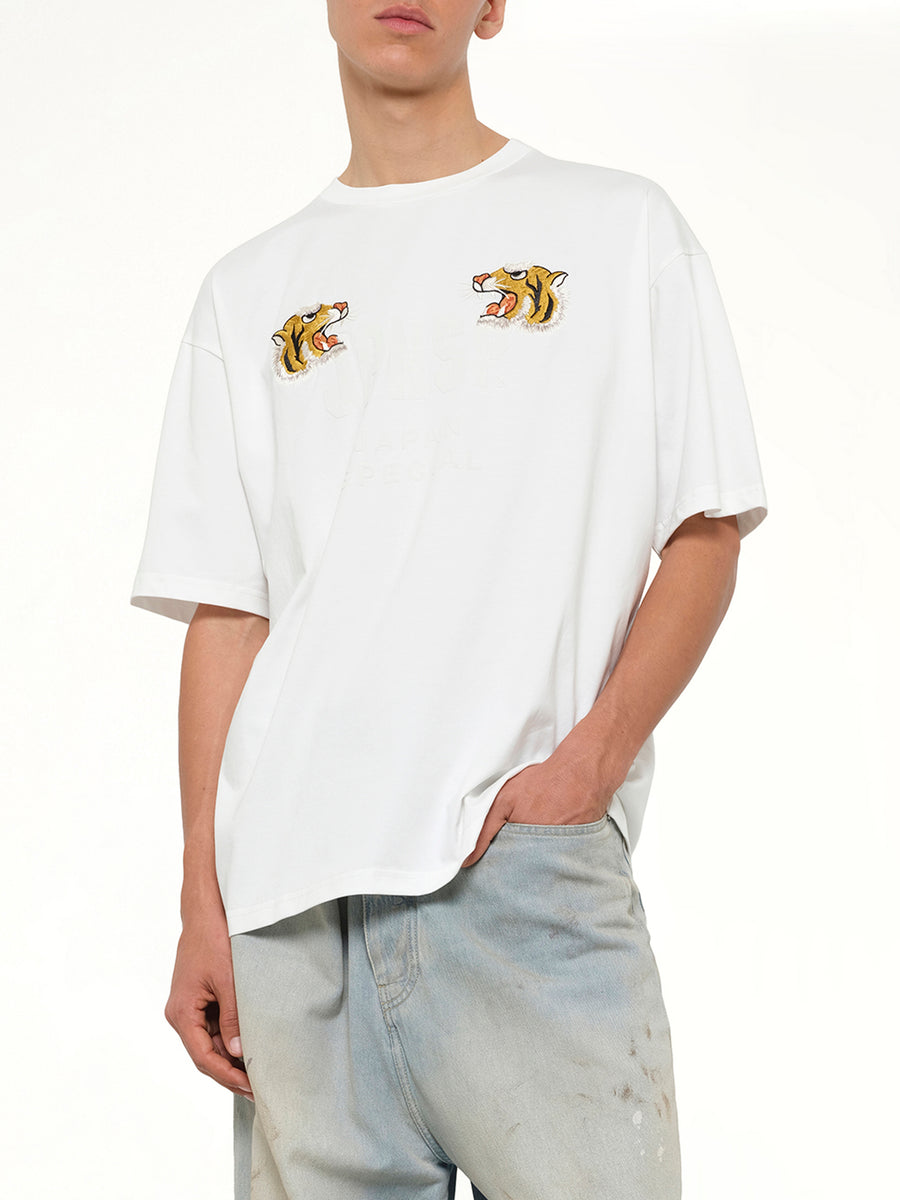 Front Side Embroidery Tiger T-Shirt in Off White