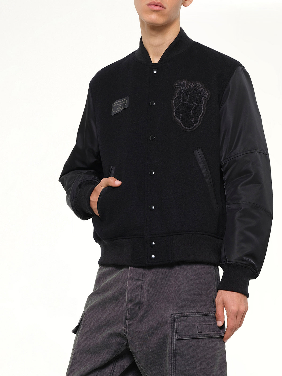 Heart Embroidery Varsity Jacket in Black