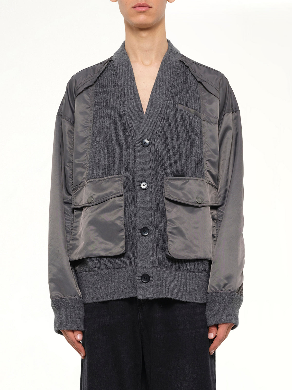 Patchwork Nylon Utility Cardigan in Dark Grey