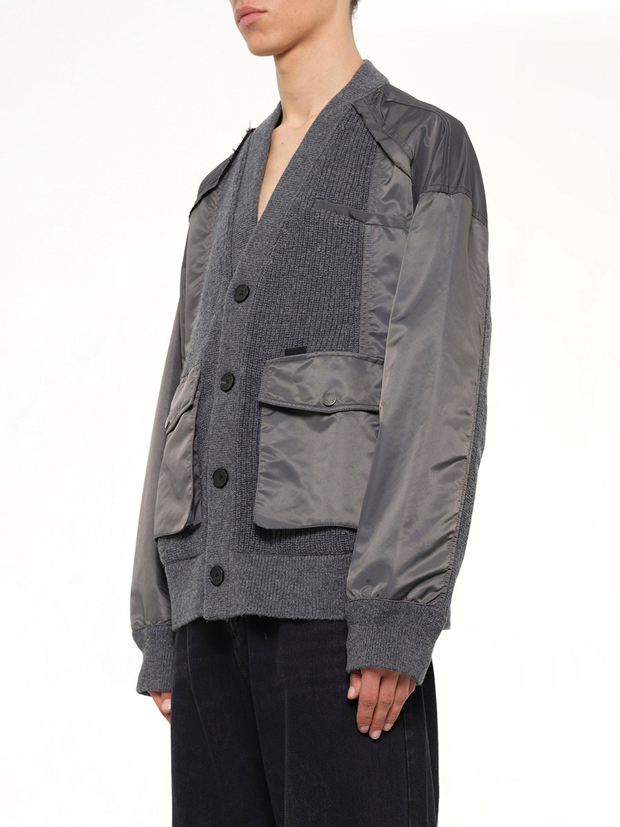 Patchwork Nylon Utility Cardigan in Dark Grey
