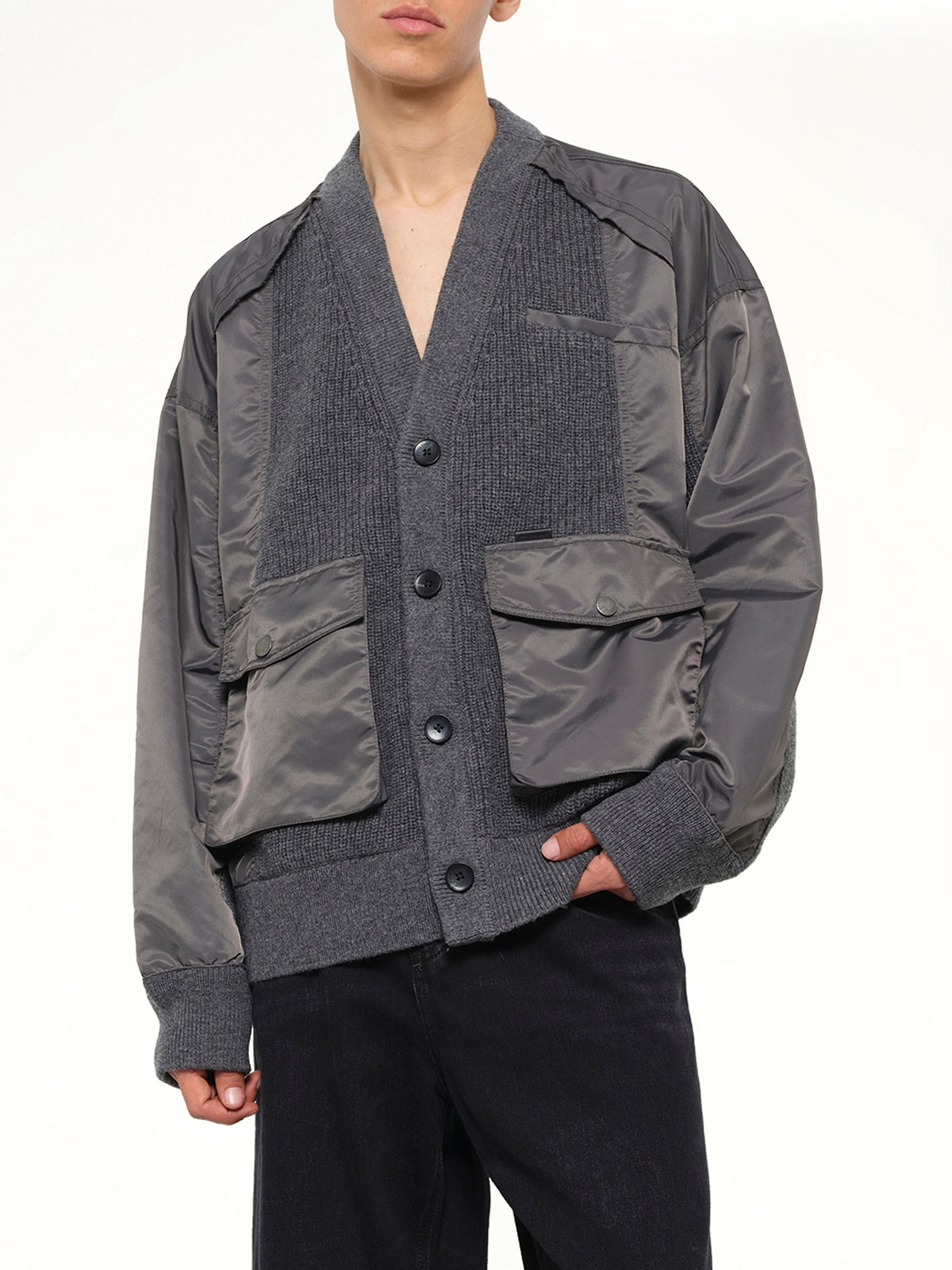 Patchwork Nylon Utility Cardigan in Dark Grey