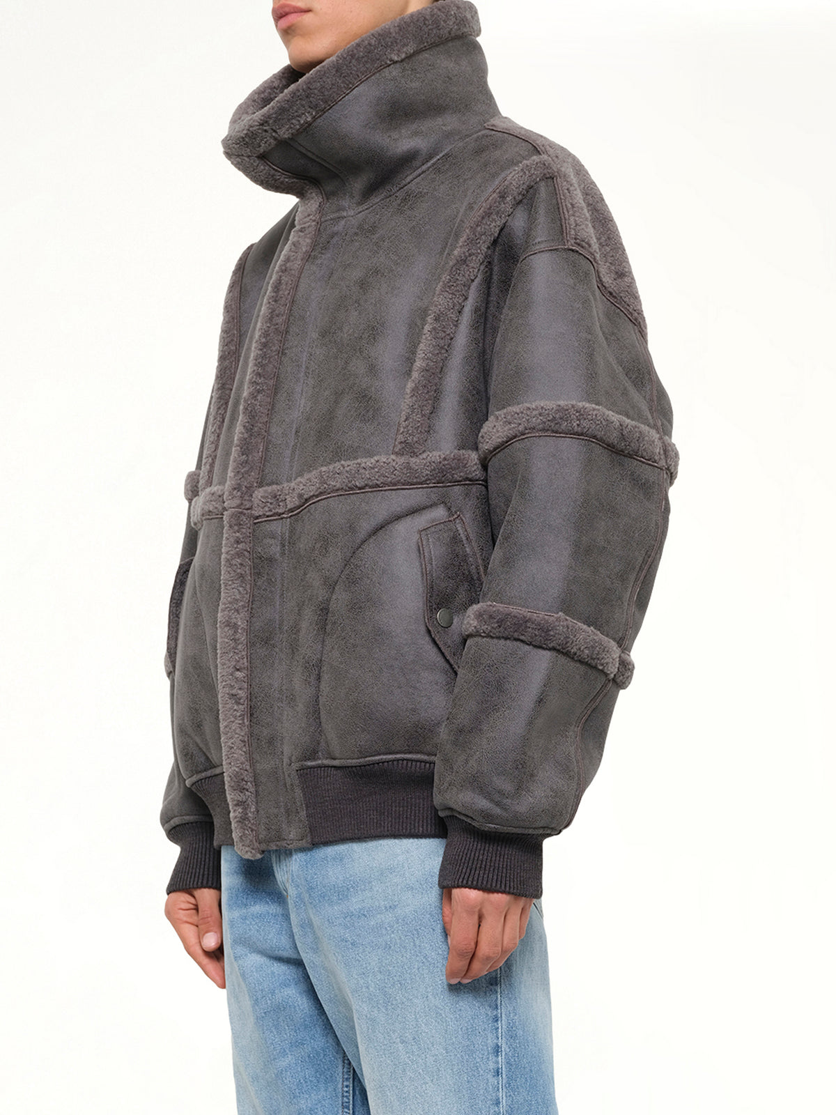 Reversible Faux Shearling Stand-Collar Jacket in Dark Grey