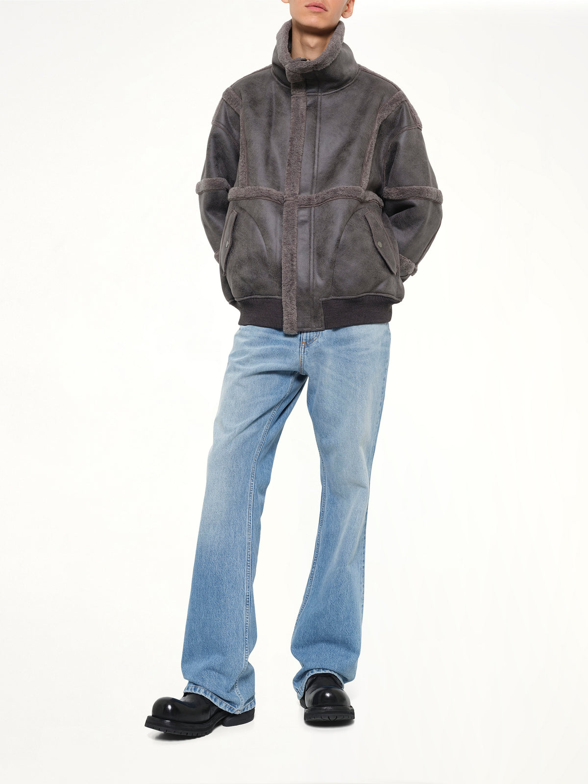 Reversible Faux Shearling Stand-Collar Jacket in Dark Grey