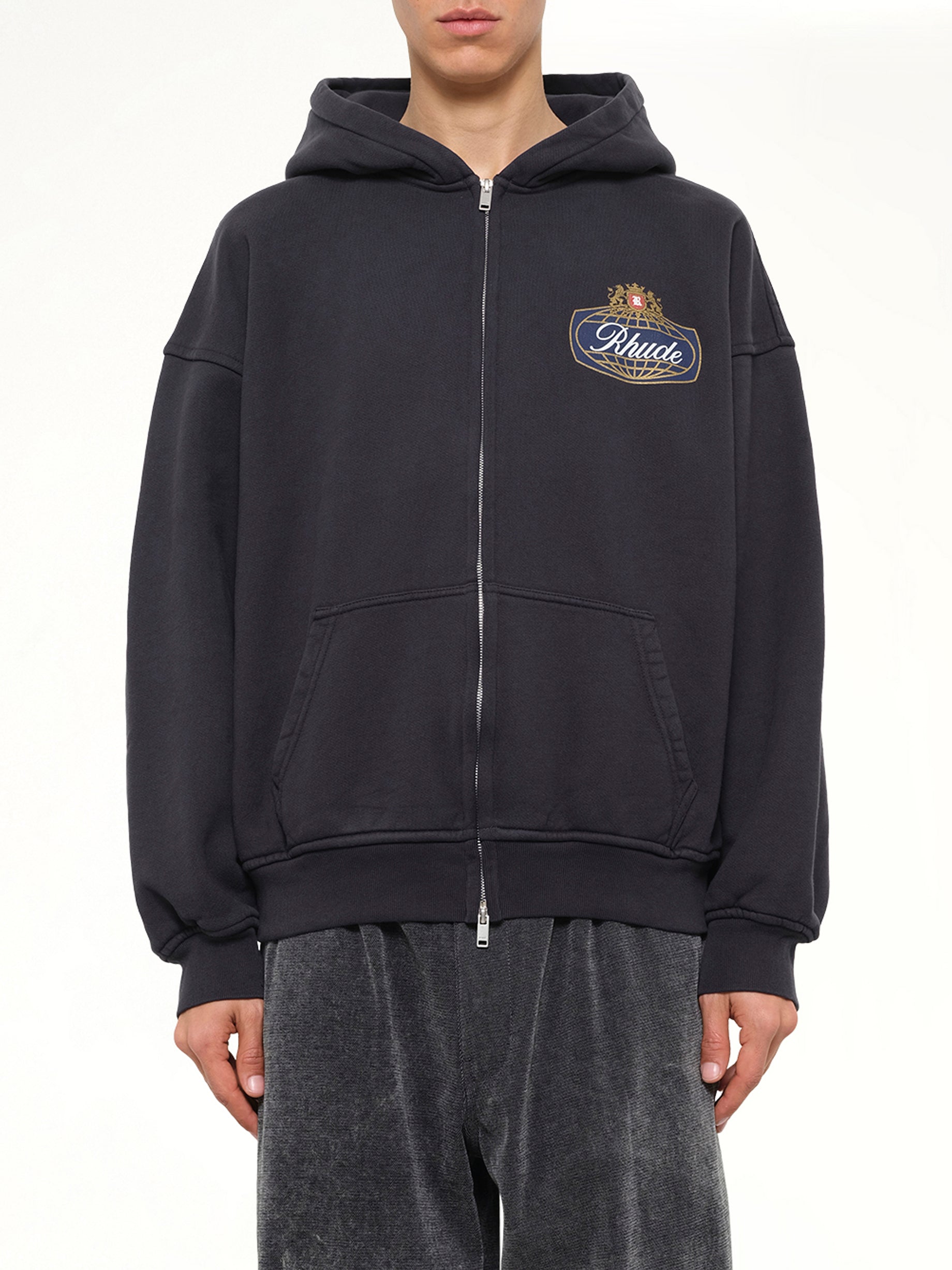 Rhude Safari Crest Zip Up Hoodie in Vintage Black