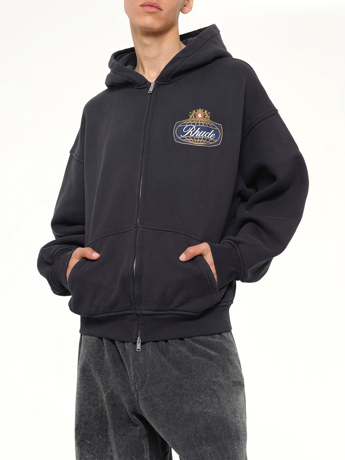 Rhude Safari Crest Zip Up Hoodie in Vintage Black