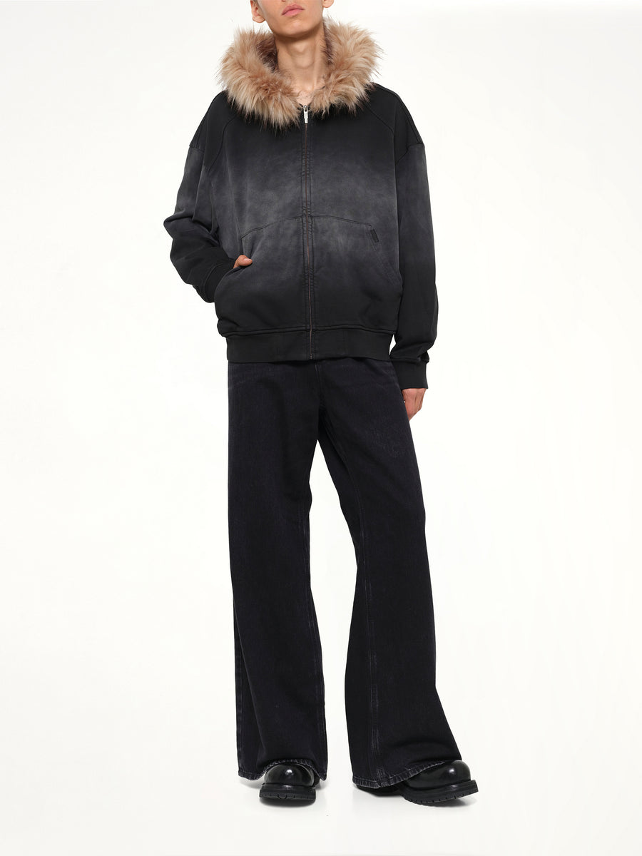 Washed Faux Fur-Trim Zip-up Hoodie in Grey