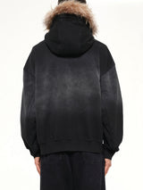 Washed Faux Fur-Trim Zip-up Hoodie in Grey