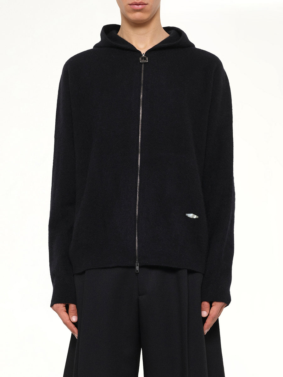 Wool Zipped Hoodie in Black