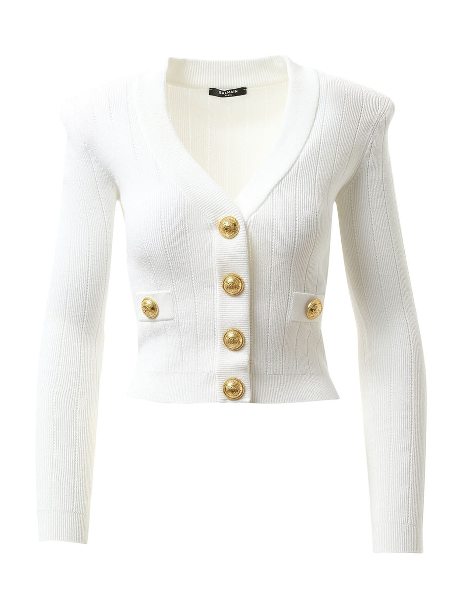 Balmain Buttoned Knit Crop Cardigan in White