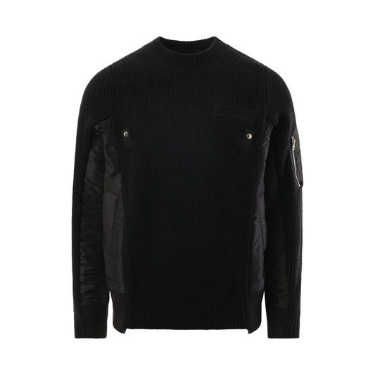 Nylon Twill x Wool Knit Pullover in Black