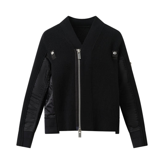 Wool Knit x Nylon Twill Cardigan in Black