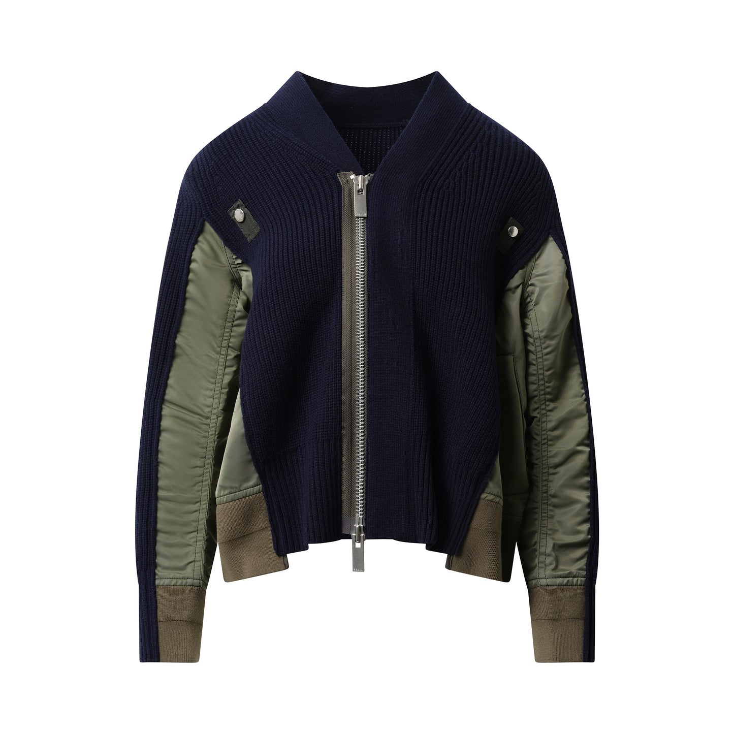 Wool Knit x Nylon Twill Cardigan in Navy/Khaki